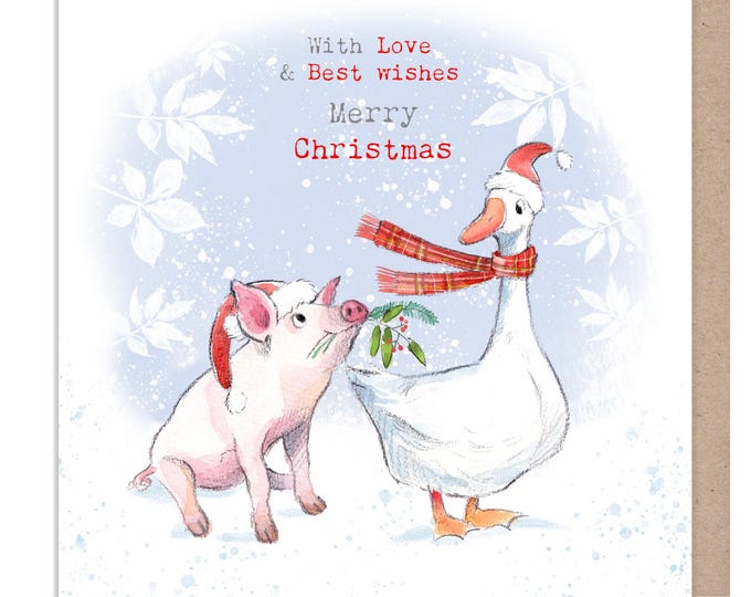Merry Christmas- Quality Greeting Card - Charming illustration - 'Buttercup Farm' range - Pig and Goose- Made in UK -  BFx01