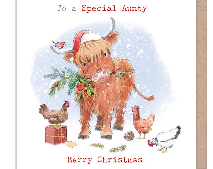 Aunty Christmas card - Quality Greeting Card - Charming illustration - 'Buttercup Farm' range - Highland Cow - Made in UK -  BFX010