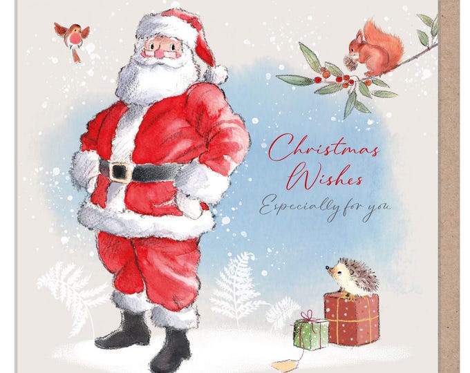 Quality Christmas Card- Christmas Wishes -150 x 150mm - Standing Santa - 'Wintery Tails'  range - Made in UK - WT05