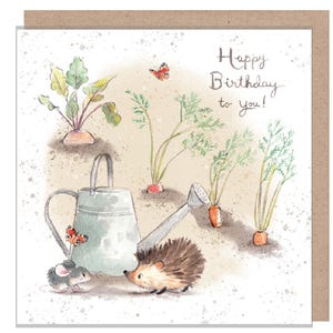 Cartão de aniversário - Cartão de qualidade - Ilustração encantadora - Ouriço e rato com regador - Linha 'Morris and Maude' - Fabricado no Reino Unido - MME06