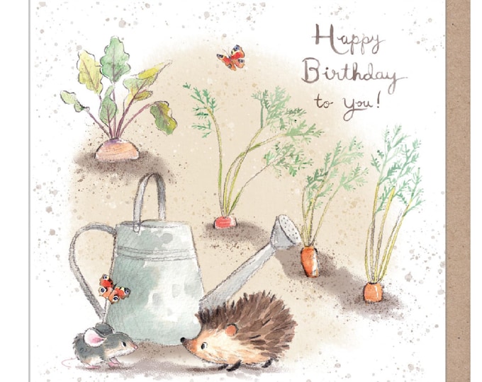 Birthday Card - Quality Card - Charming illustration - Hedgehog and Mouse with watering can - 'Morris and Maude' range - Made in UK -  MME06
