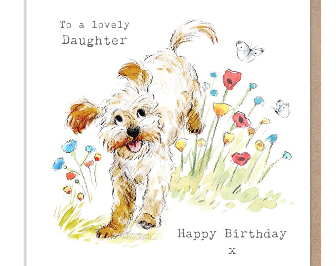 Daughter Birthday - Quality Greeting Card - Charming illustration - 'Absolutely barking' range - Cockapoo/Labradoodle - Made in UK -  ABE017