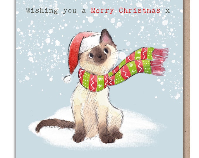 Quality Christmas Card - Charming Cat illustration - 'Pawsitively Purrect' range - Cat in xmas hat and scarf - Made in UK - XPP03