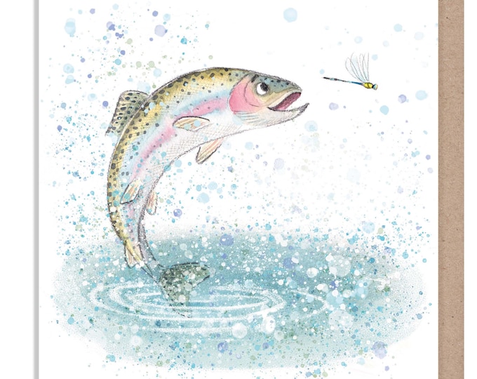 Blank Card-  Jumping Fish  illustration  - 'Down by the river'  range - Made in UK -  RIV016