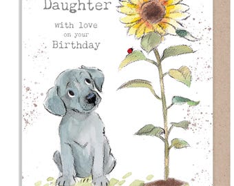 Daughter Birthday Card - Charming Dog illustration - 'Absolutely barking' range - Grey Puppy with Sunflower - Made in UK -  ABE115
