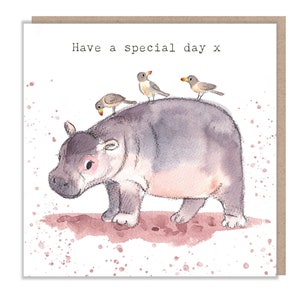 Cartão de felicitações - Tenha um lindo dia - Ilustração encantadora - Hipopótamo com pássaros - Linha 'Wonderfully Wild' - Fabricado no Reino Unido - WWE07