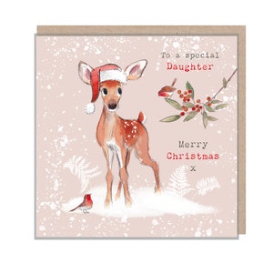 Cartão de Natal da filha - Ilustração de cervo encantador - linha 'Bucklebury wood' - Fabricado no Reino Unido - BWX07