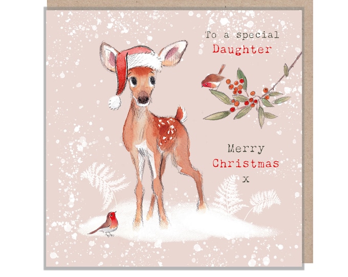 Daughter Christmas Card - Charming Deer illustration - 'Bucklebury wood' range- Made in UK -  BWX07