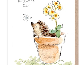 Mothers day - Quality Card - Charming illustration - Hedgehog in Flowerpot - 'Bucklebury Wood'  range - Made in UK -  BWMD02