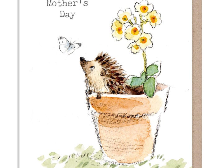 Mothers day - Quality Card - Charming illustration - Hedgehog in Flowerpot - 'Bucklebury Wood'  range - Made in UK -  BWMD02