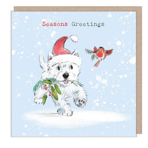 Felicitación navideña de calidad - 150 x 150 mm - Encantadora ilustración de un westie - Gama "Absolutely barking" - Fabricada en el Reino Unido - ABX113