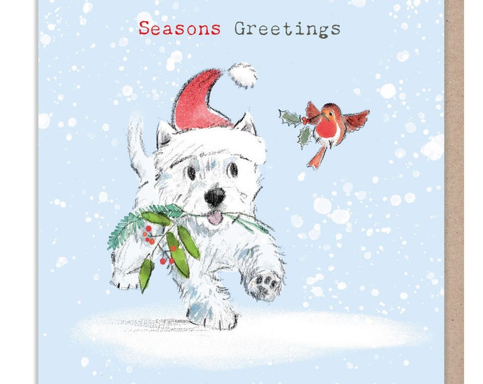 Seasons Greetings - Quality Christmas Card - 150 x 150 mm - Charming Westie illustration - 'Absolutely barking' range - Made in UK -  ABX113