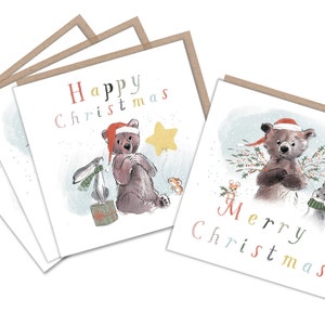 Pakket van 4 kwaliteit kerstkaarten, 'the Bear, the Hare, and the Mouse' range, made in UK, BHMX03/05