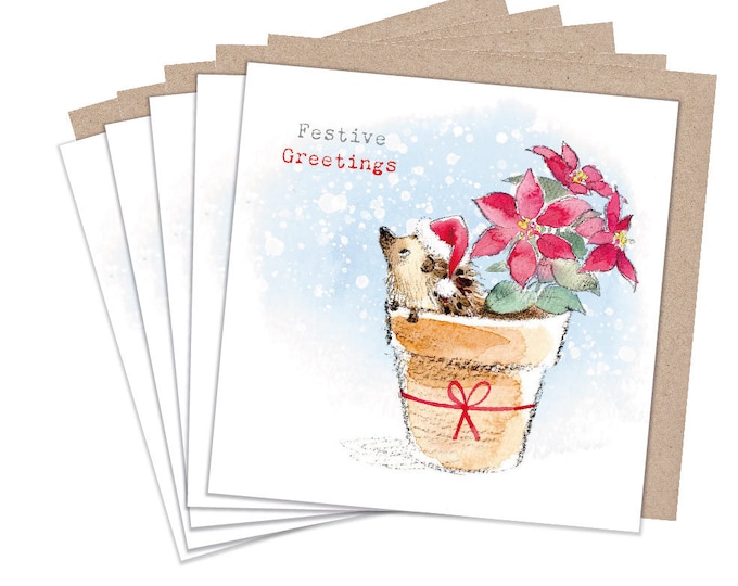 Christmas Card pack - 5 small quality cards with brown recycled envelopes -125 x 125mm-  one design - Cute Hedgehog -  XPACK05