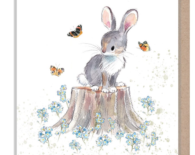 Rabbit Card - Blank - Charming illustration - Rabbit with Butterflies and forget me knots - 'Bucklebury Wood'  range - Made in UK -  BWE018