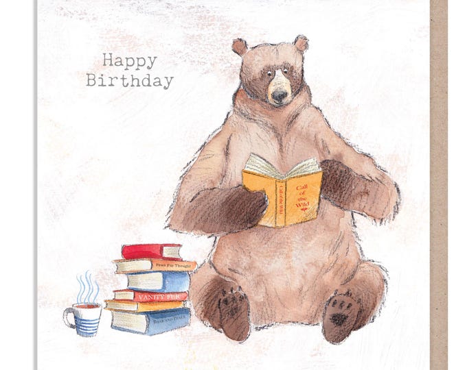 Birthday card - Quality Greeting Card, Bear reading books 'Hey Bear' range, Fun hand drawn Illustrations, made in UK, HBE05