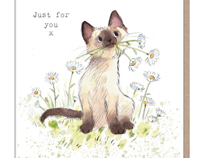 Cat Card - Just for you -Quality Greeting Card - Charming illustration - 'Pawsitively Purrect' range - Cat with Daisies - Made in UK - EPP03