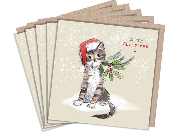 Christmas Card pack - 5 small quality cards with brown recycled envelopes -125 x 125mm-  one design - Cute tabby Kitten -  XPACK08
