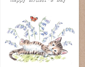 Mothers Day card - Cute Kitten and Bluebells  Illustration - EPPMD02