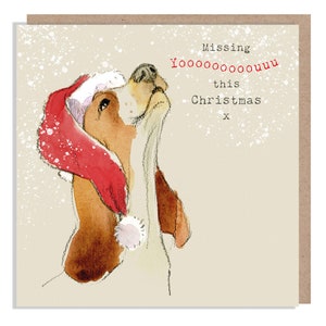 Tarjeta de Navidad "Te extraño" - Tarjeta de felicitación de calidad - Ilustración encantadora - Gama "Absolutely barking" - Perro aullando - Fabricada en el Reino Unido - ABE05