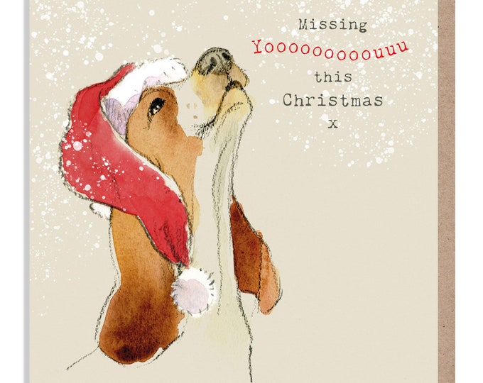 Missing you Christmas Card - Quality Greeting Card - Charming illustration - 'Absolutely barking' range - Howling dog - Made in UK -  ABE05