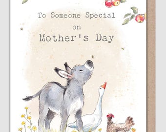 To someone special - Mothers day Card - Quality Card - Charming illustration - 'Buttercup Farm' - Donkey, Goose and Hen- Made in UK - BFMD01