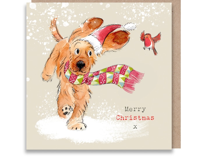 Dog Christmas Card - Quality Christmas Card - Charming illustration - 'Absolutely barking' range - Cocker Spaniel- Made in UK -  ABX025