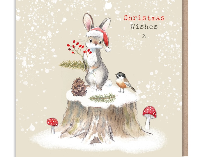 Quality Christmas Card - Charming Rabbit illustration - 'Bucklebury wood' range- Made in UK -  BWX01