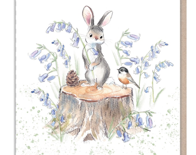 Rabbit Card - Blank - Charming illustration - Rabbit with Bluebells - 'Bucklebury Wood'  range - Made in UK -  BWE015