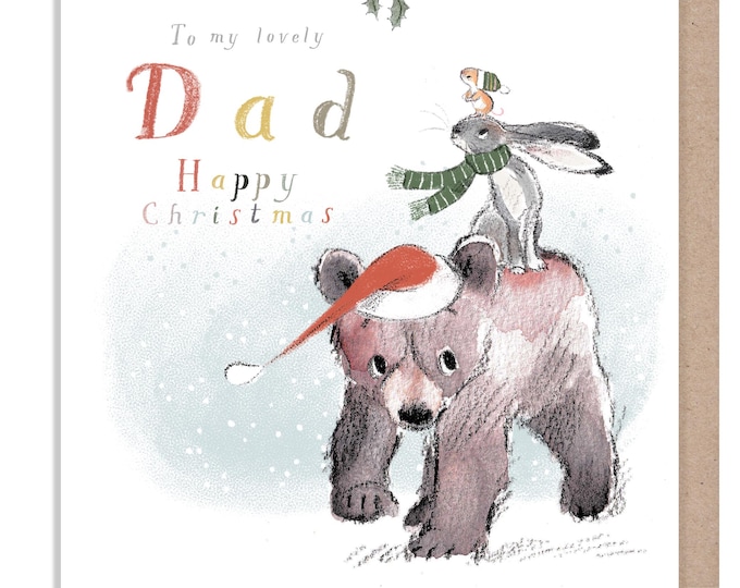Dad Christmas Card: Bear, Hare, and Mouse Illustration BHMX025
