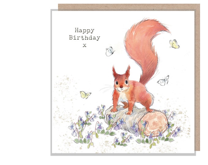 Squirrel  Birthday Card - Quality Card - Charming illustration - Red Squirrel with Violets  - 'Bucklebury Wood'  range - Made in UK -  BWE05