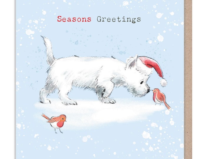 Seasons Greetings - Quality Christmas Card - 150 x 150 mm - Charming Westie illustration - 'Absolutely barking' range - Made in UK -  ABX114