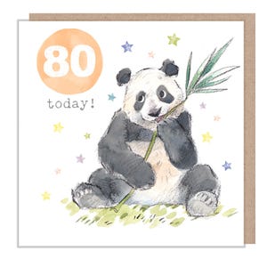 Verjaardagskaart AGE 80 - Charmante illustratie - Panda - 'Party Time'-reeks - Made in UK - PTAGE080