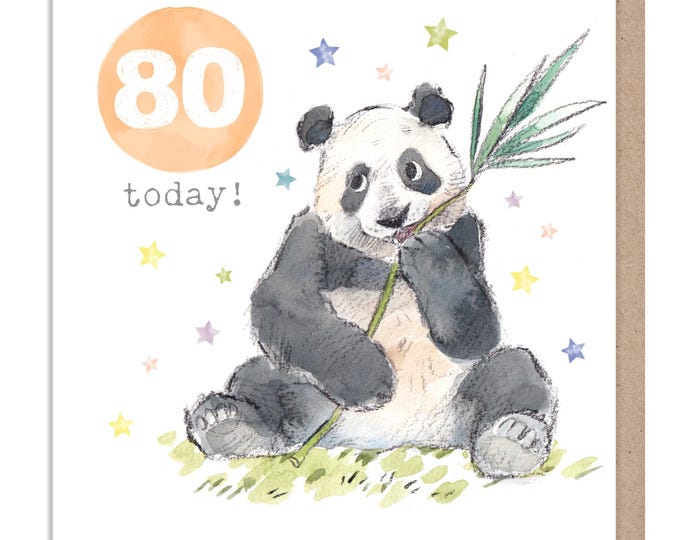 AGE 80 Birthday Card -  Charming illustration -  Panda - 'Party Time'  range - Made in UK -  PTAGE080