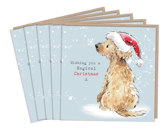 5 Quality Christmas Cards - 1 design 5 Cards  - Christmas Card pack - dog cards -Cockaoo/Labradoodle illustration- Made in UK -no plastic