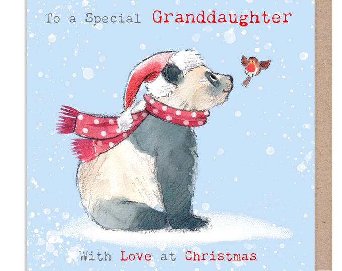 Granddaughter Christmas Card - 150 x 150mm - Charming Panda illustration - 'Wonderfully Wild'  range - Made in UK -  WWX024