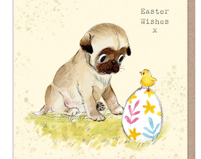 Easter Card - Quality Greeting Card - Charming Dog illustration - 'Absolutely barking' range - Pug design - Made in UK - ABEASTER03
