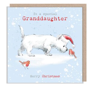 À une petite-fille spéciale - Carte de Noël de qualité - 150 x 150 mm - Charmante illustration Westie - Fabriquée au Royaume-Uni - ABX119