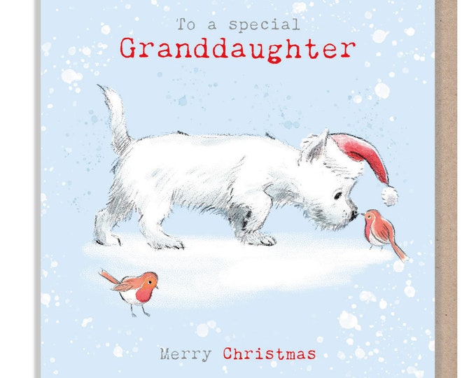 To a special Granddaughter- Quality Christmas Card - 150 x 150 mm - Charming Westie illustration -  Made in UK -  ABX119