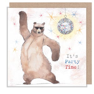 Carte d'anniversaire, c'est la fête ! - Carte de voeux de qualité, gamme « Hey Bear », ours dansant, illustrations amusantes dessinées à la main, fabriquées au Royaume-Uni, HBE08