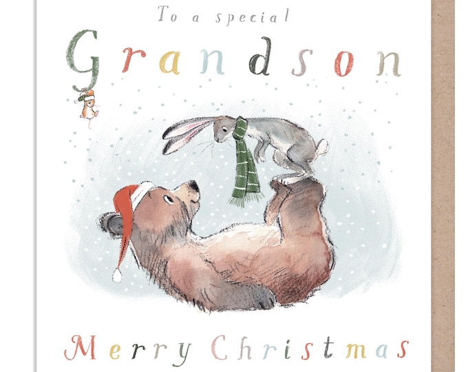 Grandson Christmas Card, ' Bear, the Hare, and the Mouse', Cute heart warming  Bear Illustration, made in UK, BHMX026