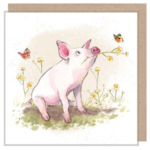 Blanko Karte - Hochwertige Grußkarte - Illustration 'Buttercup Farm' - Schwein mit Blumen - Made in UK - BF09