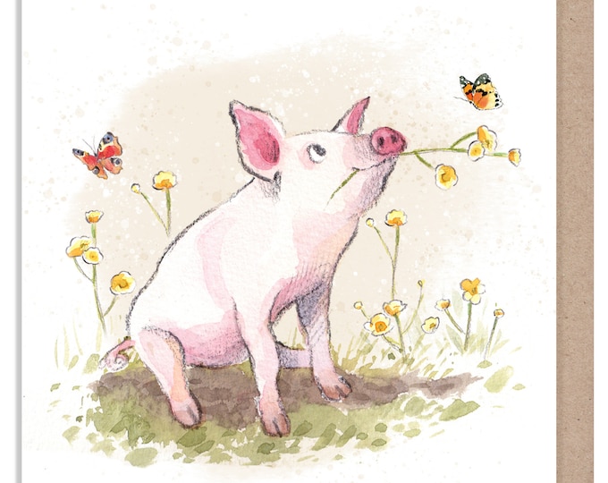 Blank Card - Quality Greeting Card - Charming illustration - 'Buttercup Farm' range - Pig with flowers - Made in UK -  BF09