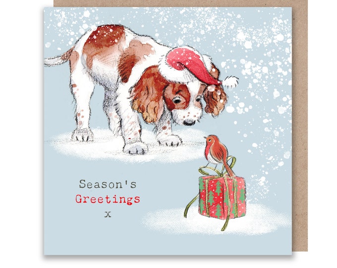 Dog Christmas Card - Quality Christmas Card - Charming illustration - 'Absolutely barking' range- Springer Spaniel- Made in UK -  ABX018