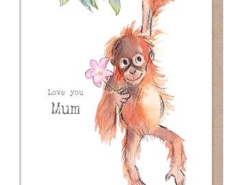 Love You Mum Card: Orangutan with Flower Illustration