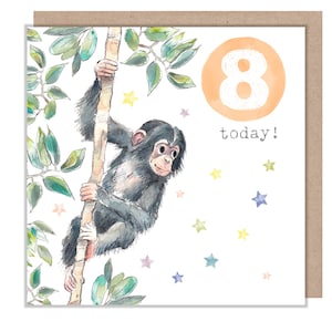 Cartão de aniversário de 8 anos - Ilustração encantadora - Chimpanzé, linha 'Party Time' - Fabricado no Reino Unido - PTAGE08