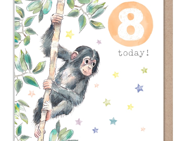 AGE 8 Birthday Card -  Charming illustration - Chimpanzee,  'Party Time'  range - Made in UK -  PTAGE08