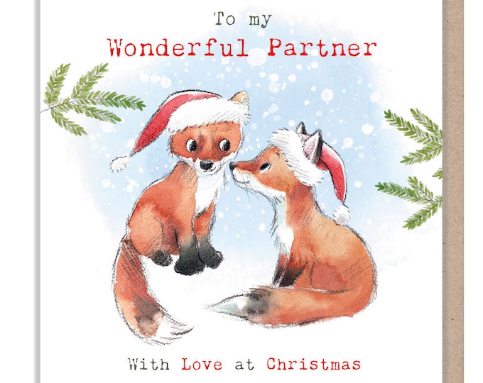 Wonderful Partner - Quality Christmas Card - 150 x 150mm - Charming Fox illustration - 'Bucklebury Wood'  range - Made in UK -  BWX019