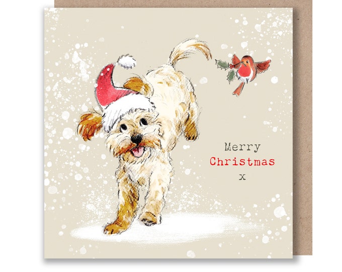 Dog Christmas Card - Quality Christmas Card - Charming illustration - 'Absolutely barking' range-Cockerpoo/Labradoodle- Made in UK -  ABX022