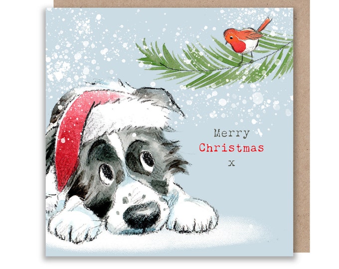 Dog Christmas Card - Quality Christmas Card - Charming illustration - 'Absolutely barking' range- Border Collie- Made in UK -  ABX023